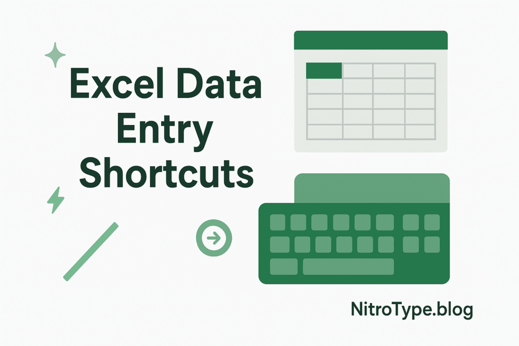 Illustration of a keyboard and spreadsheet with shortcut icons, promoting excel data entry tips and tricks for faster work.