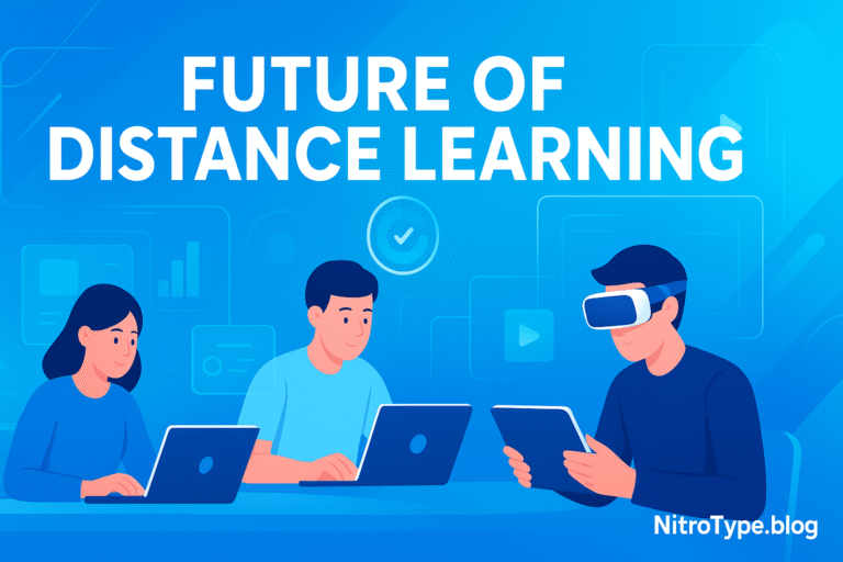 Future of Distance Learning with students using laptops, tablets, and VR headsets in a futuristic virtual classroom