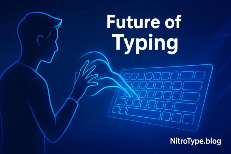 Illustration of a person using gesture-based typing tools with a holographic keyboard in 2025
