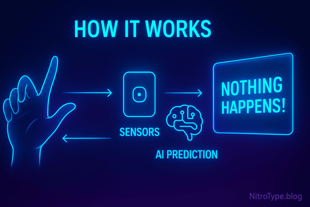 Illustration showing how gesture-based typing tools work with hand gestures, sensors, AI prediction, and holographic text output