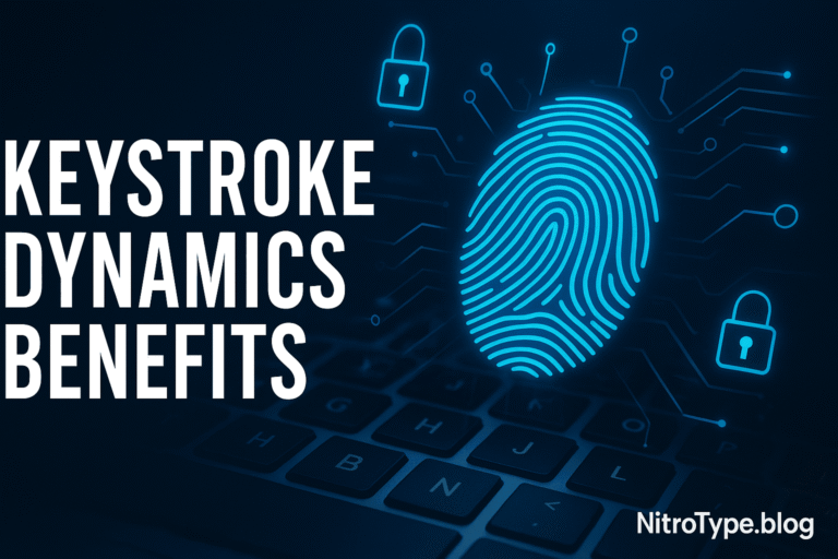 Keystroke dynamics benefits illustrated with fingerprint security graphic and keyboard background