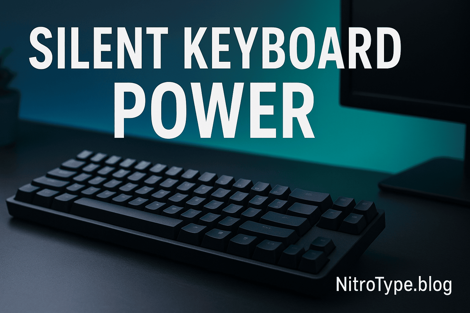 Modern silent keyboard on desk setup with text Silent Keyboard Power and NitroType.blog branding