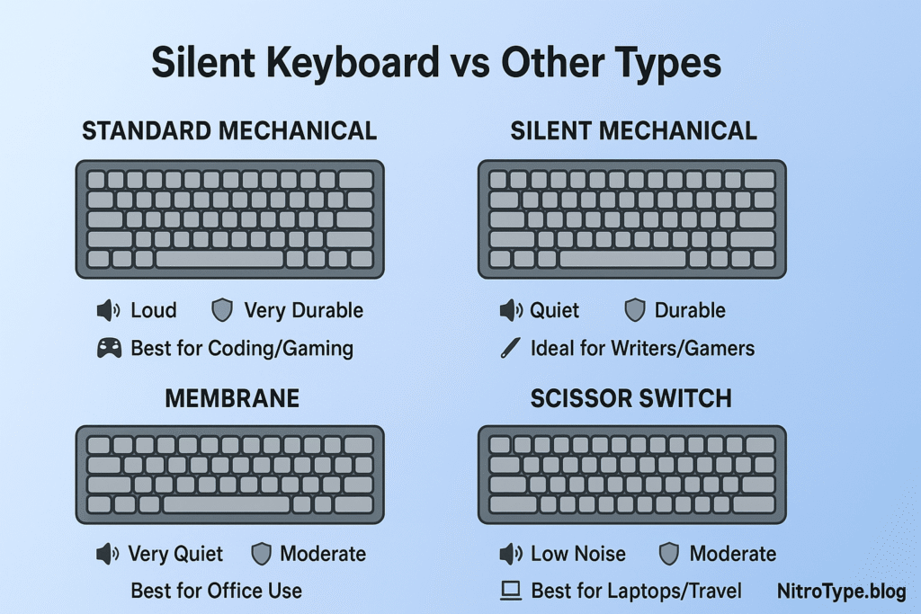 Comparison infographic of silent keyboard vs standard mechanical, membrane, and scissor switch keyboards showing noise level, durability, and best use cases.