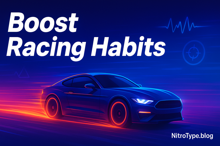 Nitro Type Behavioral Insights illustrated with racing visuals, speed trails, and player habit concepts for improved performance.