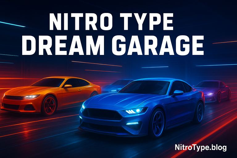 Nitro Type Dream Garage showcasing futuristic cars and luxury racing garage