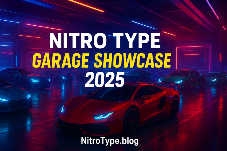 Futuristic cars in Nitro Type Garage Showcase 2025 with neon lights and custom designs