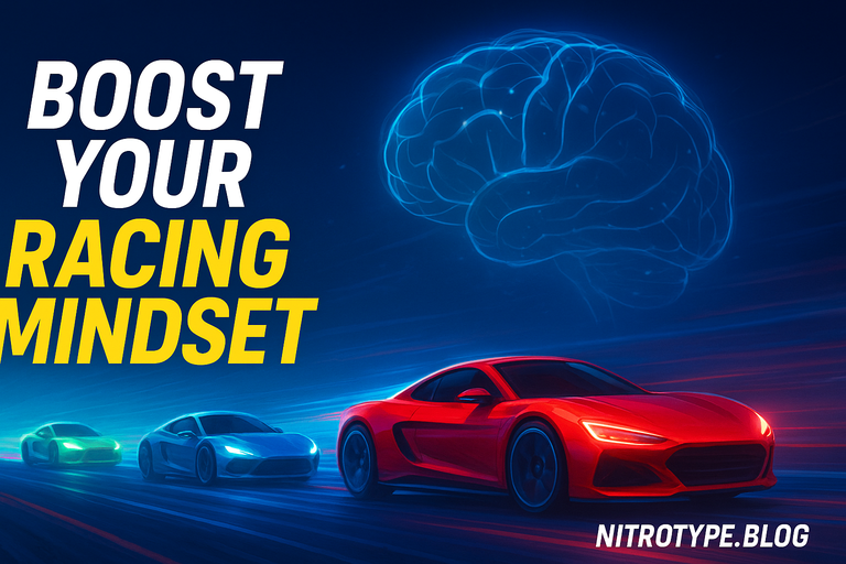 Digital illustration showing Nitro Type Performance Psychology with fast racing cars, neural brain graphic, and racing mindset theme