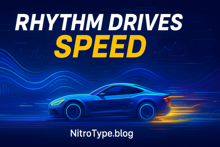 Digital illustration showing Nitro Type Race Rhythm Analysis with rhythm waves, keystroke patterns, and a futuristic racing car