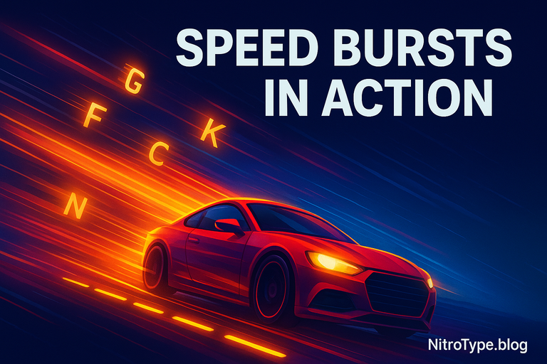 Illustration showing Nitro Type Speed Bursts with racing effects, glowing letters, and micro-pauses for improved WPM