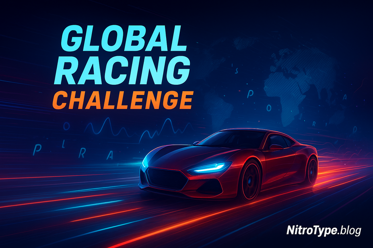 Futuristic racing car illustration for Nitro Type Global Challenge Events with neon speed trails and global competition theme