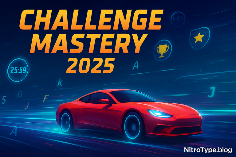 Nitro Type Challenge Mastery illustration with futuristic racing car, challenge icons, and digital timer for 2025 events