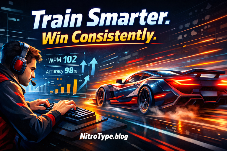 Illustration of Nitro Type Coaching showing a racer typing fast with a futuristic car, WPM stats, and accuracy graphs