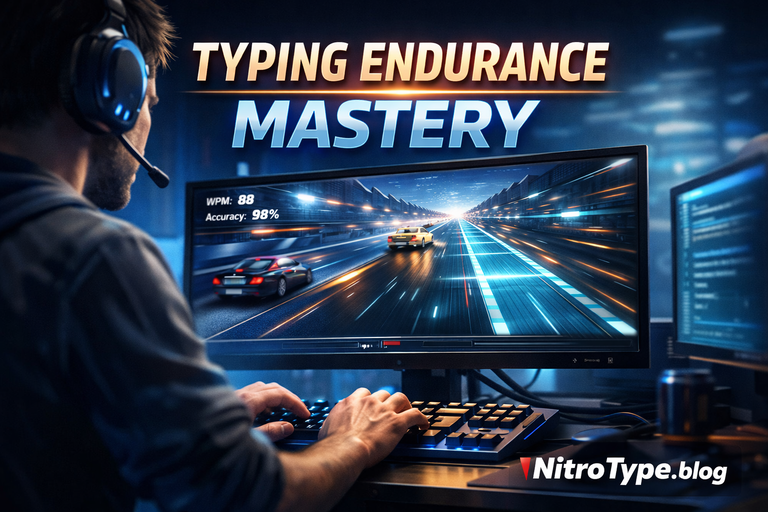 Nitro Type Endurance Events showing a focused racer maintaining accuracy and stamina during marathon-style typing races