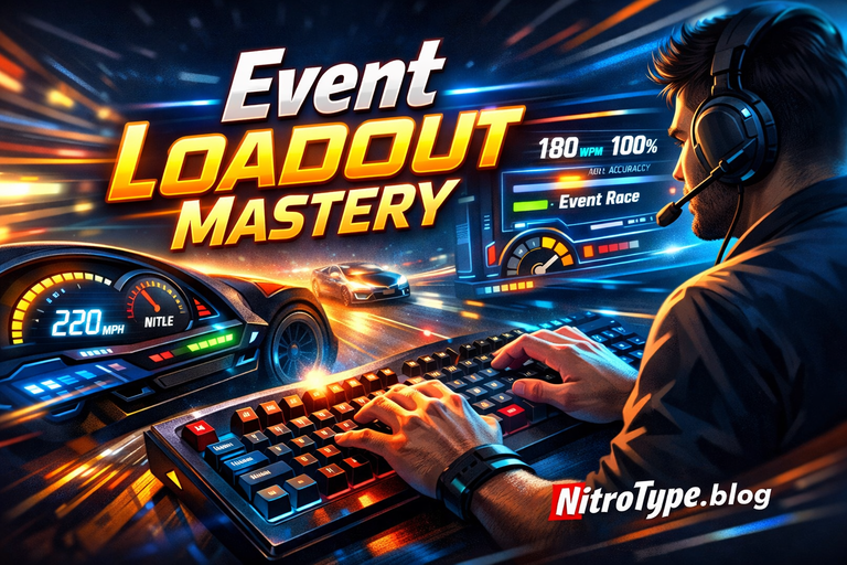 Nitro Type Event Loadout showing car setup accuracy focus and competitive typing preparation for events