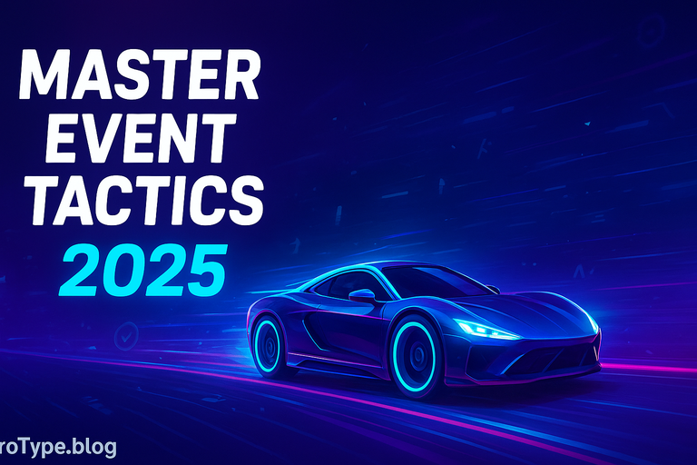 Futuristic racing illustration for Nitro Type Event Master Tactics 2025 showing a neon-speed car and strategy elements