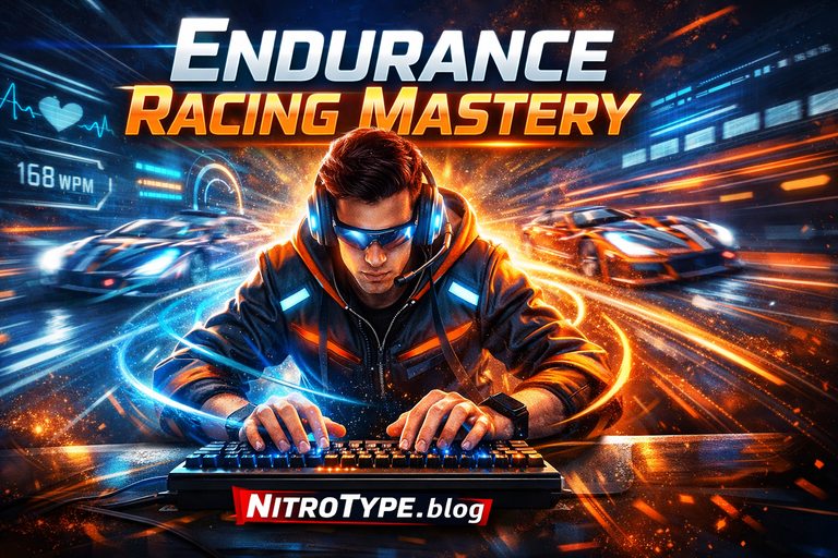 Nitro Type Events Fatigue Management 2025 illustration showing a racer maintaining accuracy during long challenges