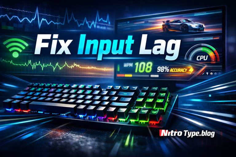 Nitro Type latency optimization showing keyboard input lag reduction, stable internet connection, and improved WPM performance