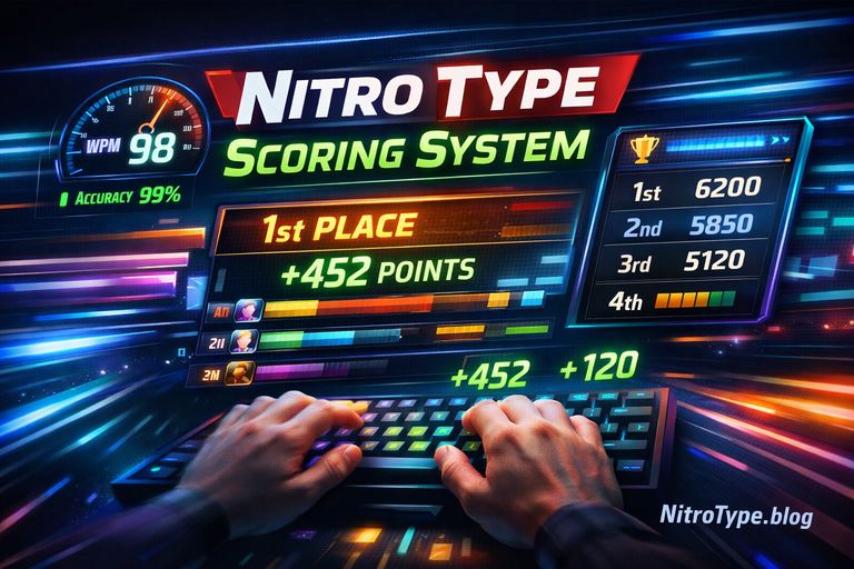 Hands typing on a keyboard with Nitro Type scoring system dashboard showing points, accuracy, and leaderboard rankings