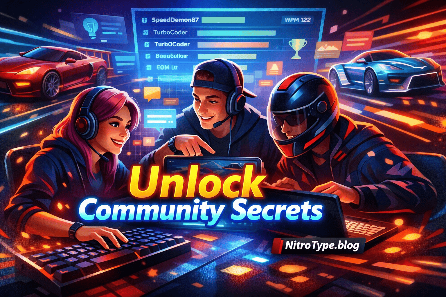 Nitro Type Community Secrets showing racers collaborating and sharing hidden tips in Nitro Type