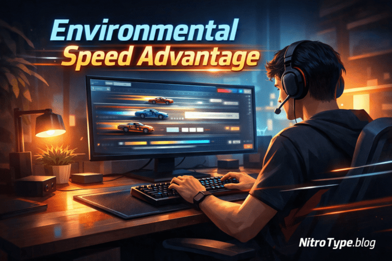 Nitro Type Environmental Advantage showing an optimized racing setup with proper screen position, balanced lighting, and focused typing environment