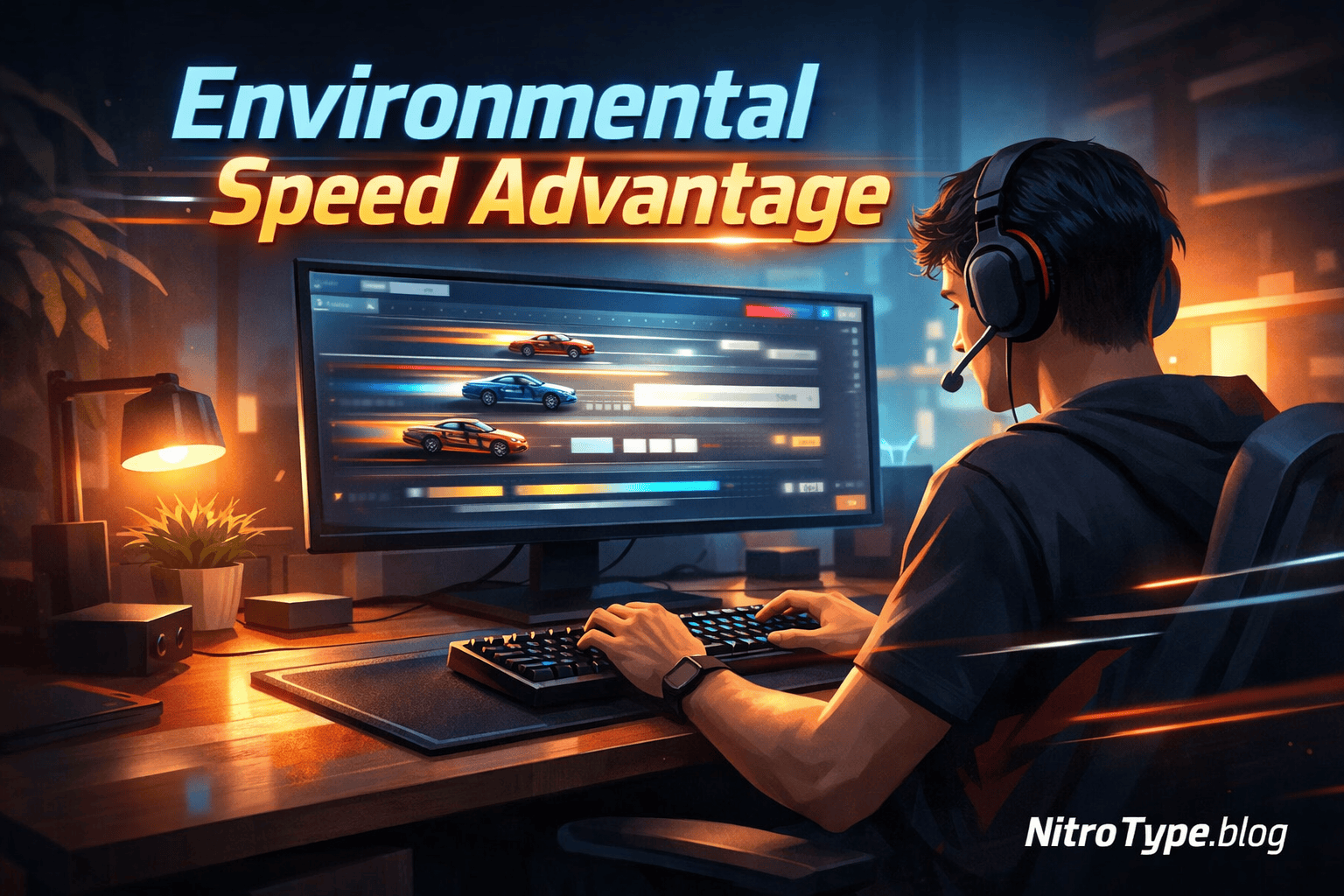 Nitro Type Environmental Advantage showing an optimized racing setup with proper screen position, balanced lighting, and focused typing environment