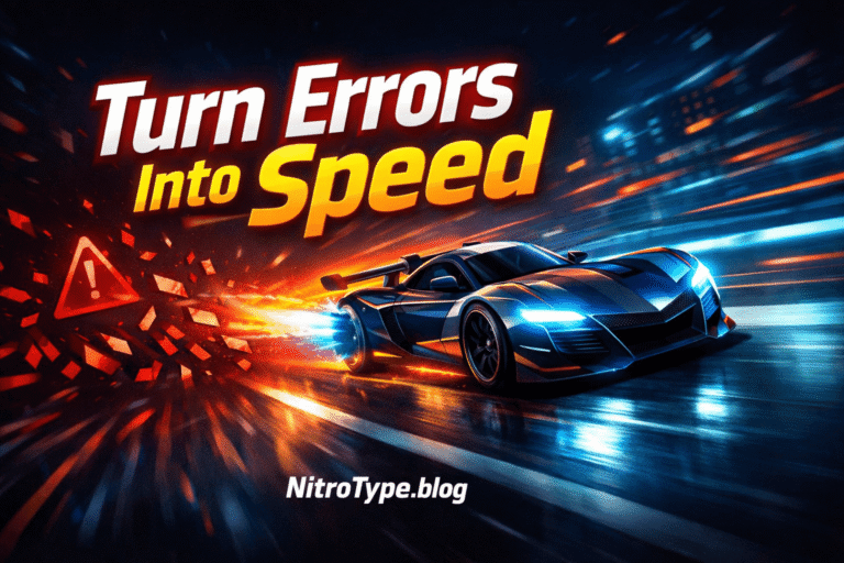 Nitro Type Error Momentum Theory visual showing a racing car gaining speed after typing errors in Nitro Type