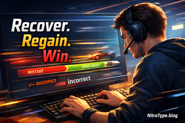 Nitro Type Error Recovery showing a racer correcting typing mistakes without losing speed