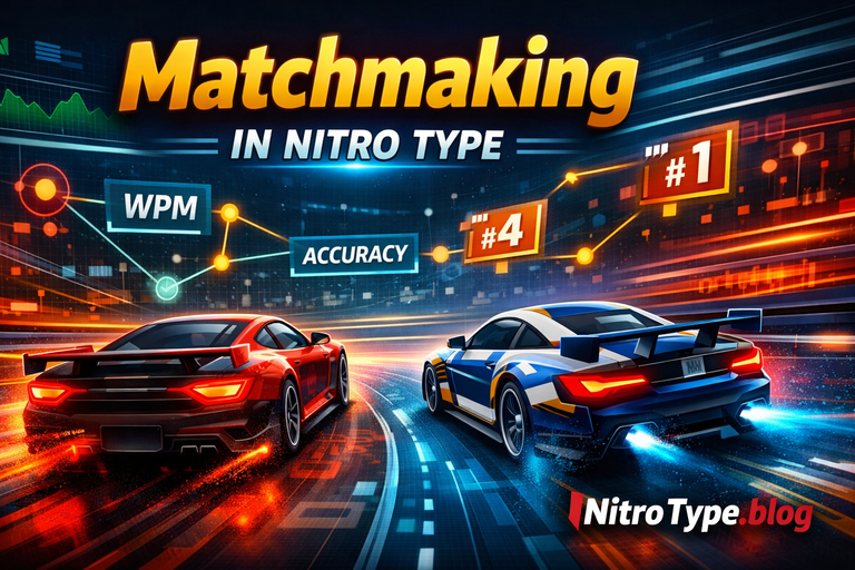 Illustration showing Nitro Type Matchmaking Algorithm with racing cars, WPM, accuracy, and leaderboard positions