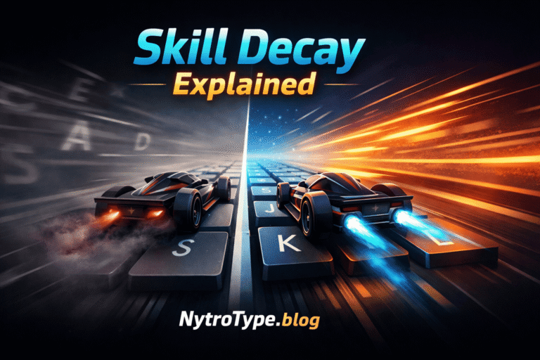 Illustration showing Nitro Type Skill Decay with racing cars on keyboard keys, representing typing speed loss and recovery