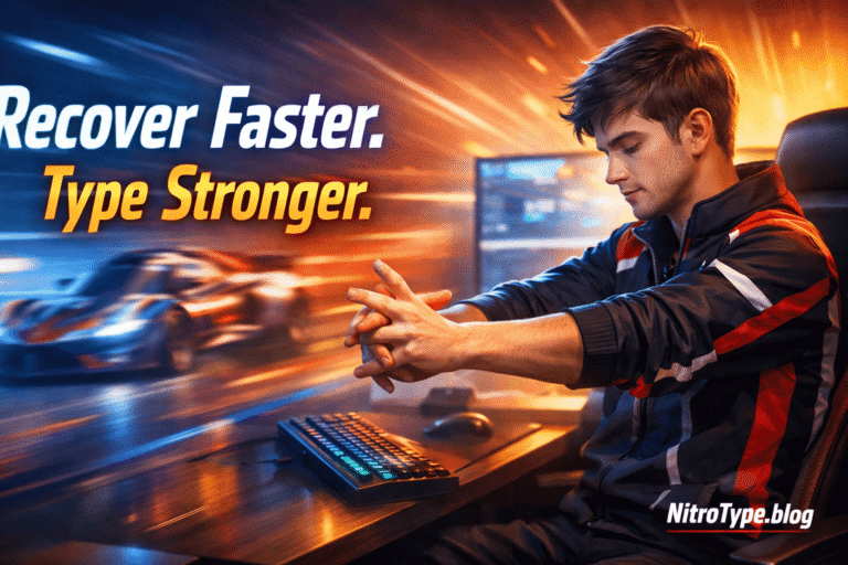 Nitro Type Warm-Down Techniques showing a racer stretching fingers after typing race to prevent burnout and maintain peak performance