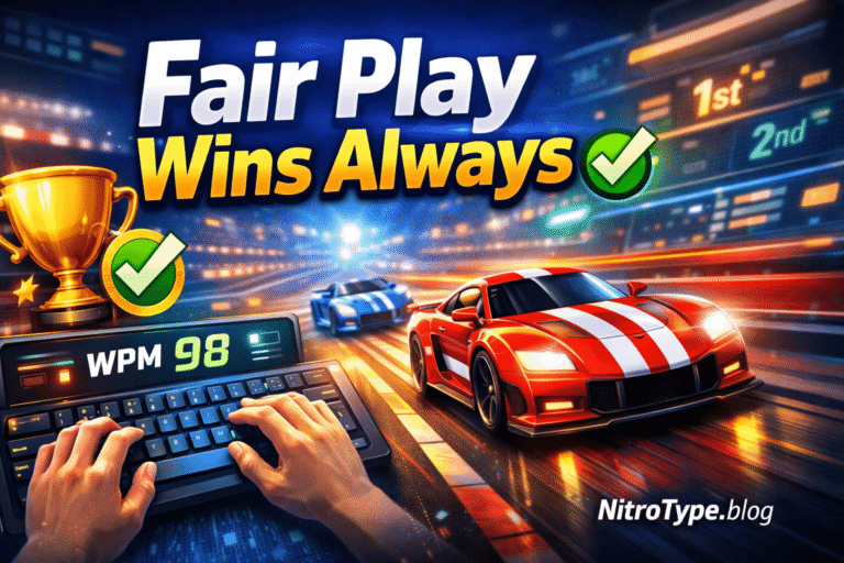 Illustration showing racing cars, typing keyboard, and awards for ethical gameplay in Nitro Type Fair Play Index 2026