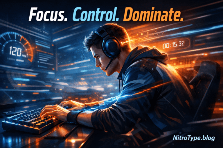 Nitro Type Focus Control Framework 2026 showing an elite racer maintaining focus, speed, and control during competitive typing races