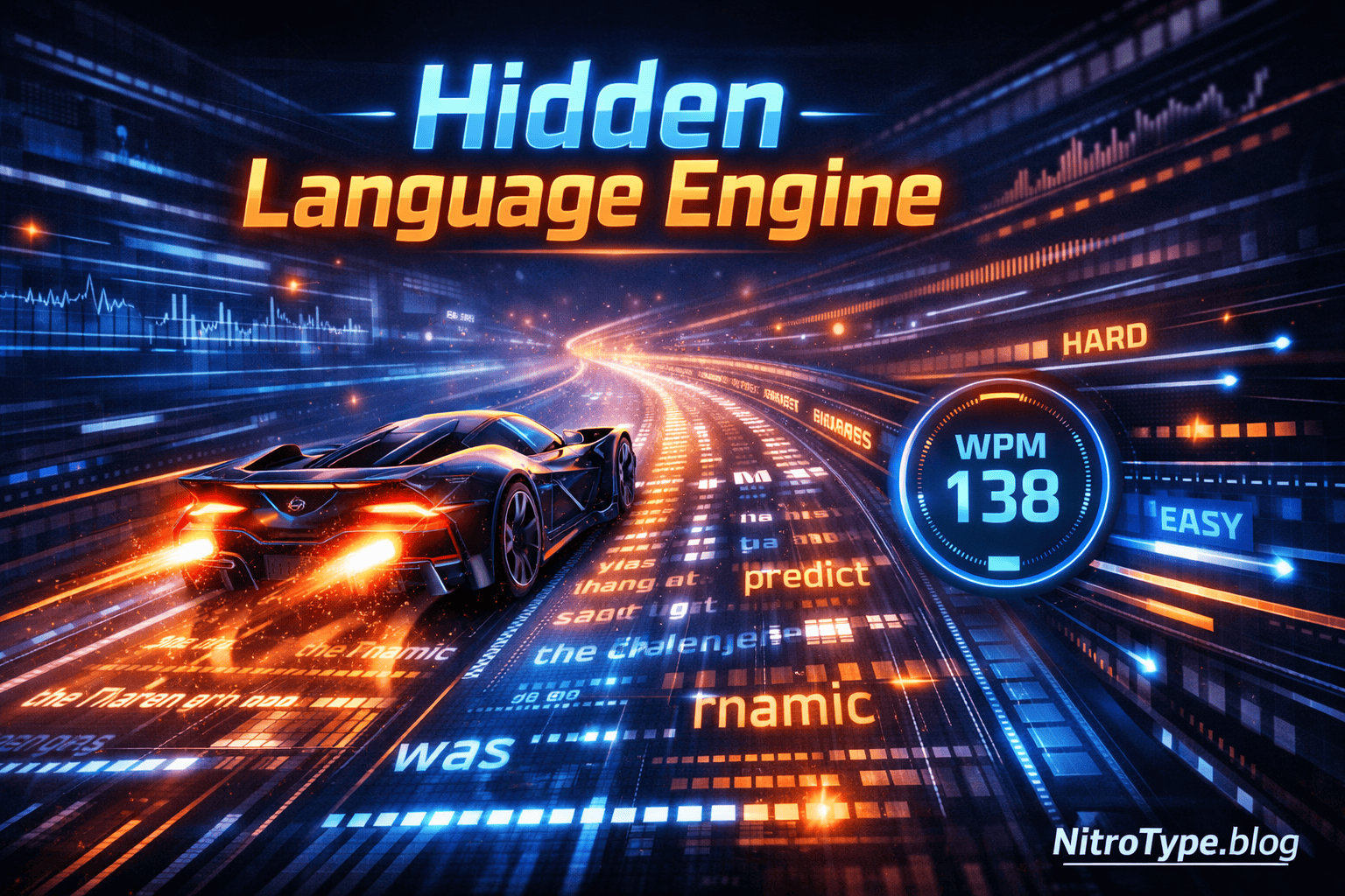 Nitro Type Language Engine 2026 visual showing sentence patterns, word difficulty, pacing, and WPM performance in a futuristic typing race