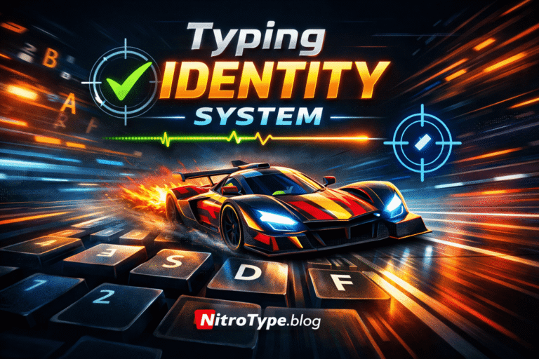 Nitro Type Typing Identity System showing speed, accuracy, and consistency through a racing car on a keyboard track