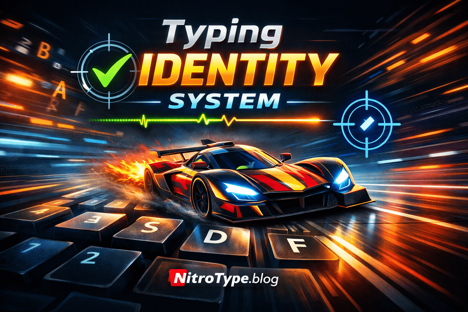 Nitro Type Typing Identity System showing speed, accuracy, and consistency through a racing car on a keyboard track