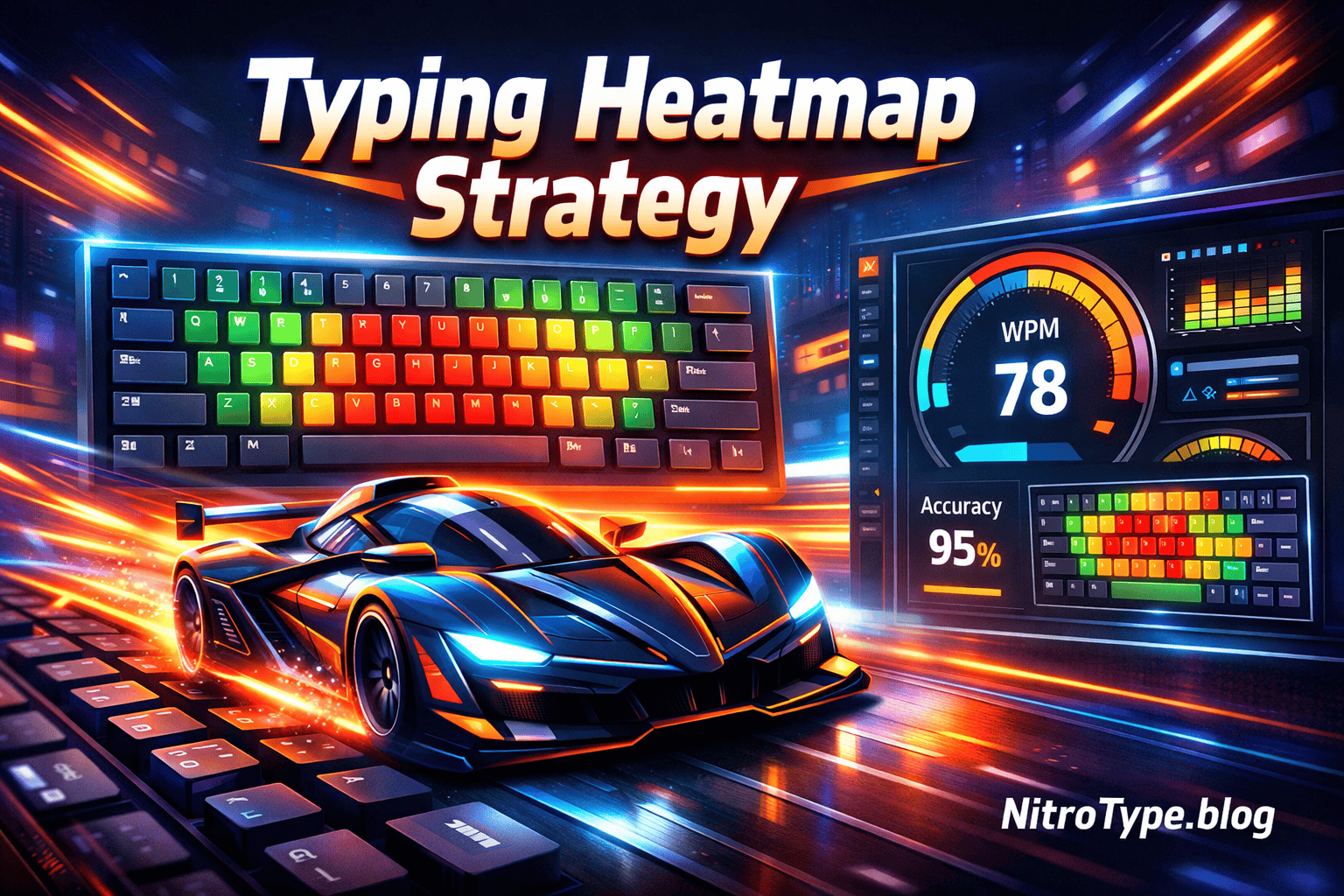 Nitro Type Heatmap Strategy showing keyboard heatmap and typing analytics to improve accuracy and boost WPM