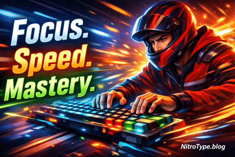 Nitro Type Mental Mastery concept showing focused racer typing fast with glowing keyboard and speed effects