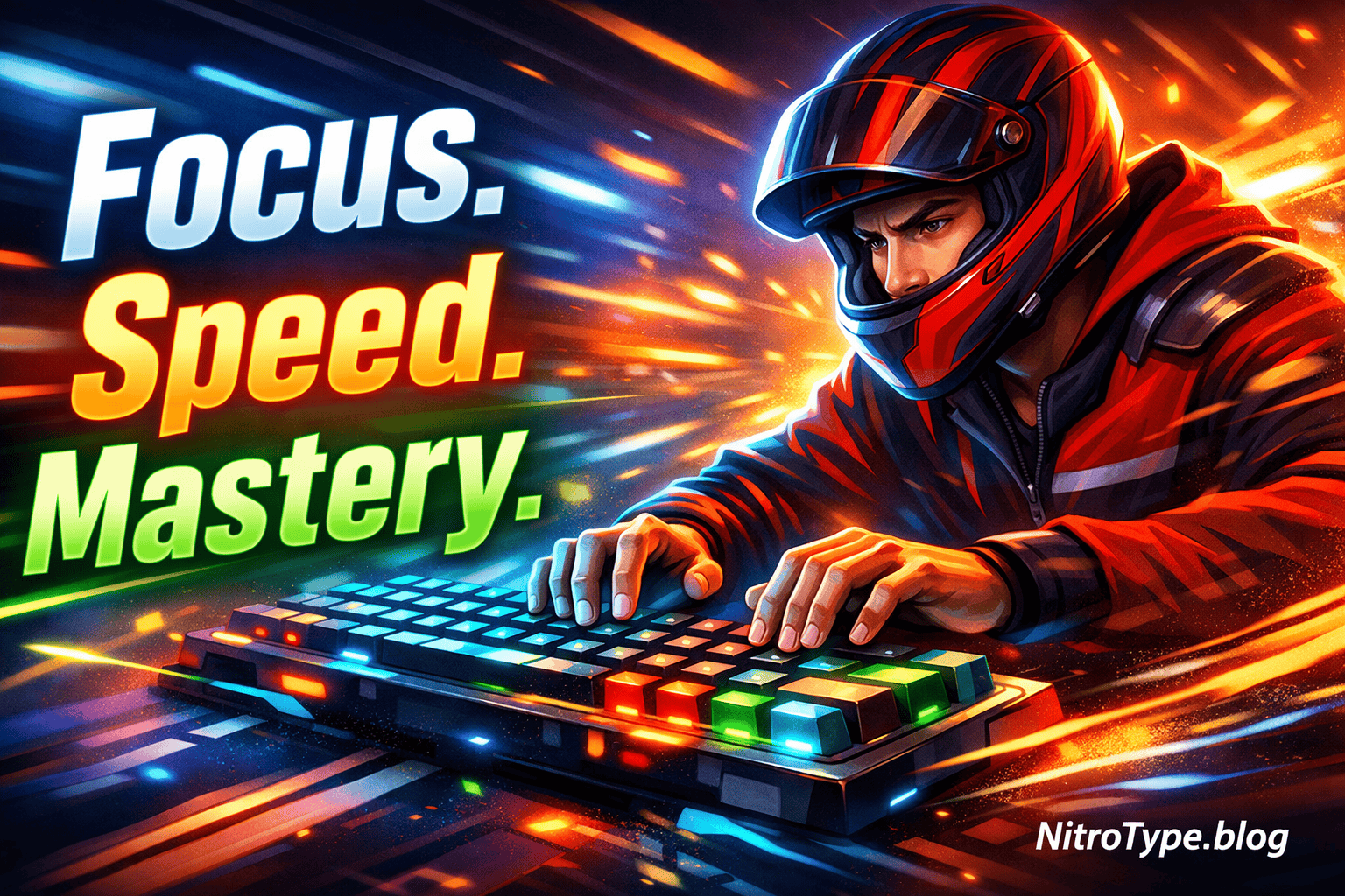 Nitro Type Mental Mastery concept showing focused racer typing fast with glowing keyboard and speed effects
