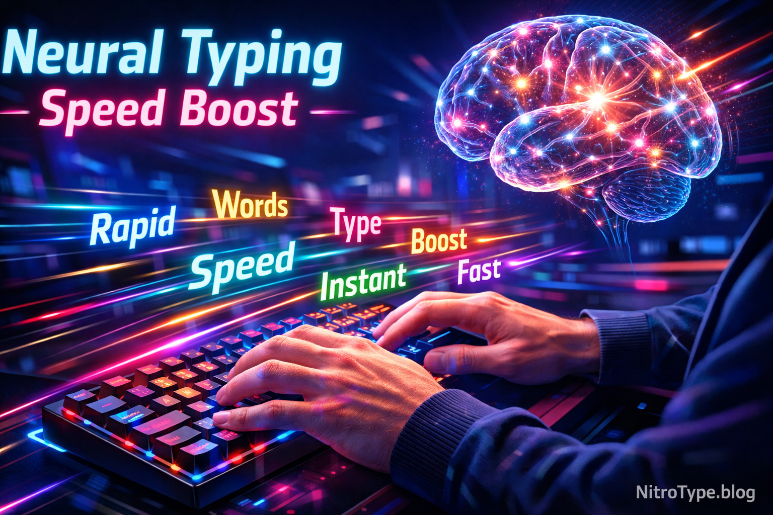 Nitro Type Neural Typing Method showing fast typing with glowing keyboard and neural brain activity