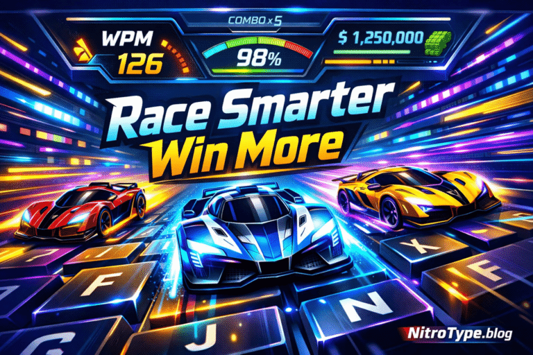 Nitro Type Race Economy strategy showing typing race cars, WPM speed meter, and Nitro Cash optimization dashboard