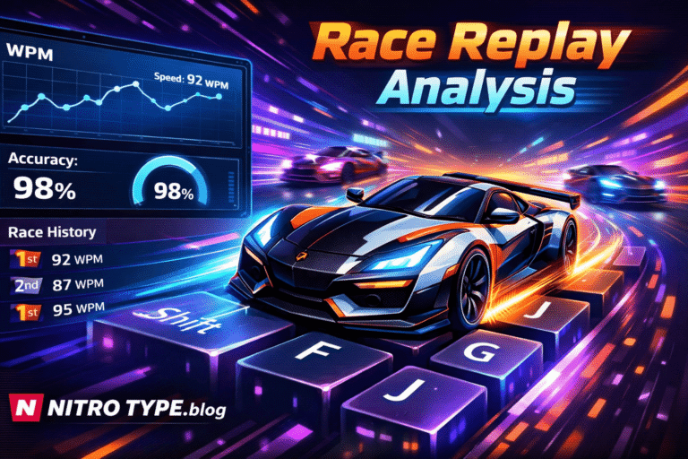Nitro Type Race Replay Analysis 2026 showing racing dashboard with WPM stats and typing performance review
