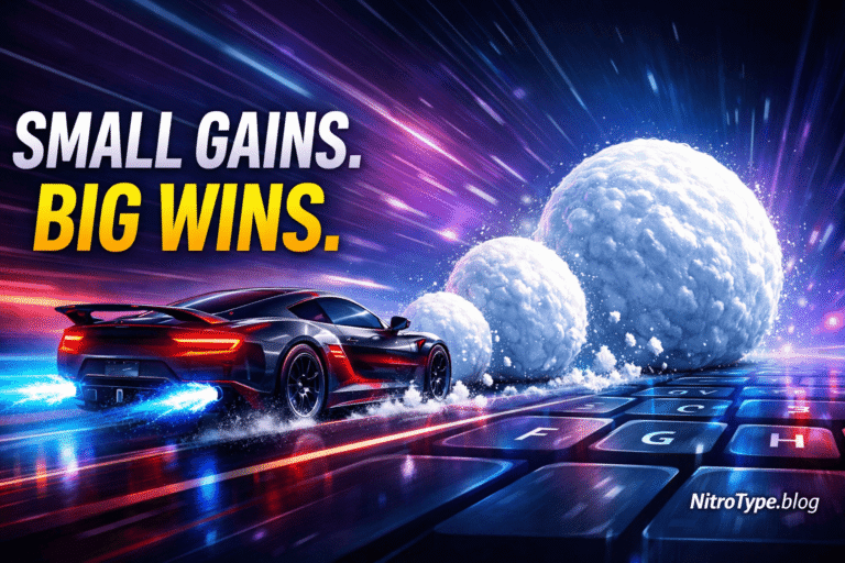 Nitro Type Skill Snowball Effect illustration showing racing car accelerating as snowball grows larger on keyboard track