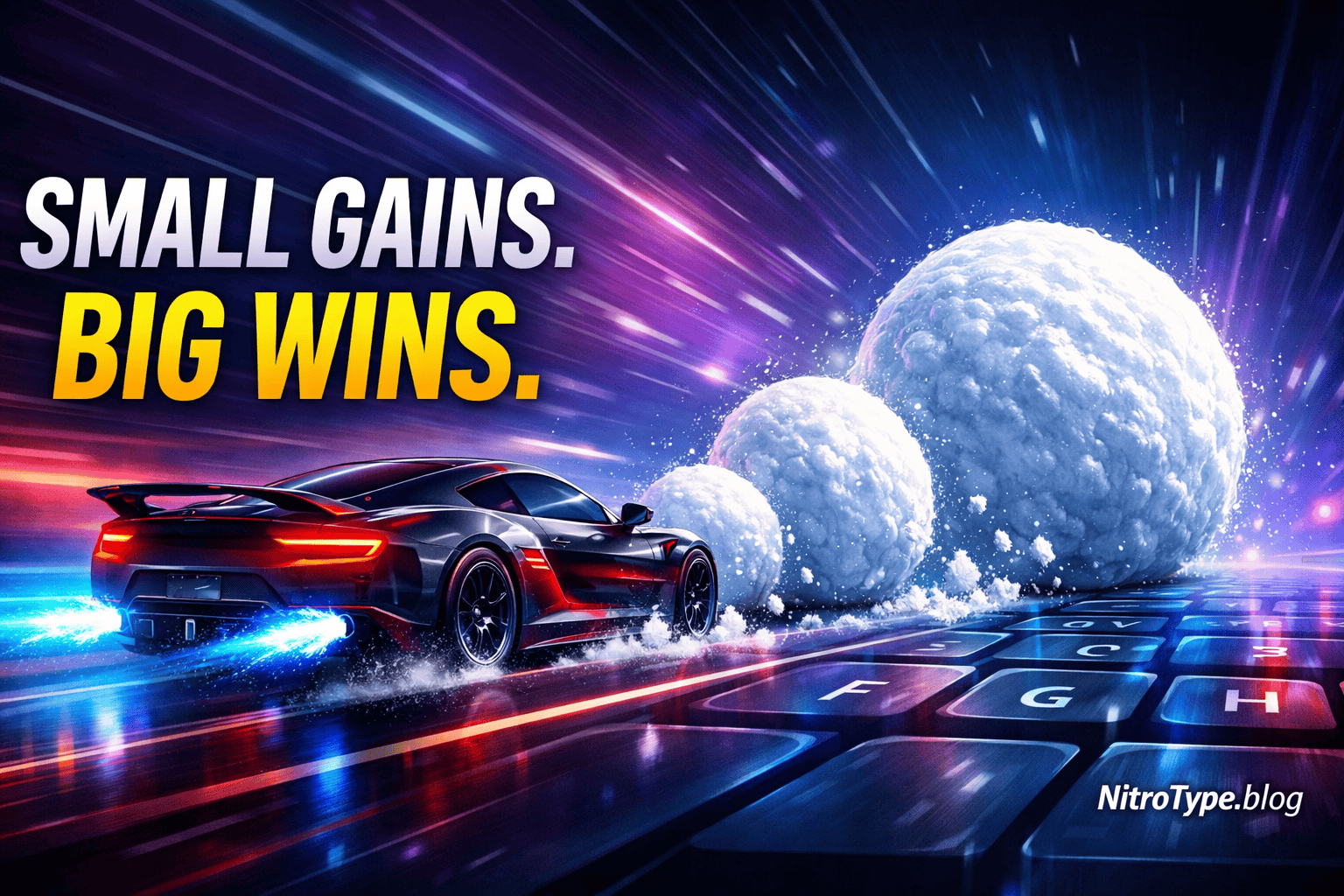 Nitro Type Skill Snowball Effect illustration showing racing car accelerating as snowball grows larger on keyboard track