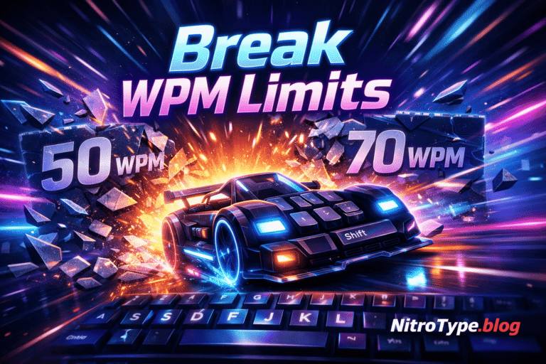Nitro Type Speed Plateau Breaker showing a racing car breaking WPM limits in a typing game