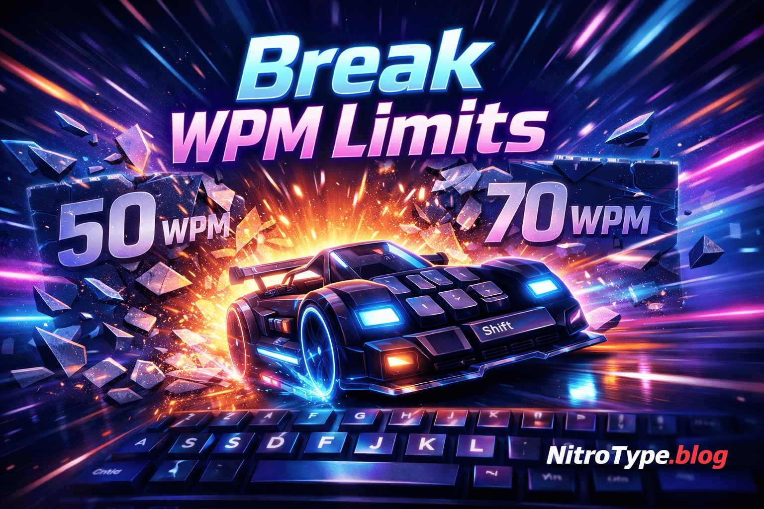 Nitro Type Speed Plateau Breaker showing a racing car breaking WPM limits in a typing game