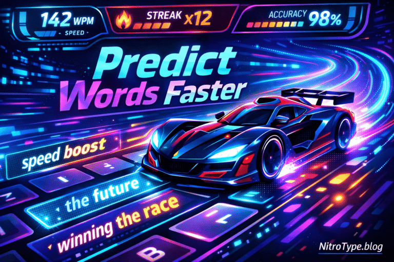 Nitro Type Text Pattern Mastery showing predictive typing patterns boosting WPM in Nitro Type racing game
