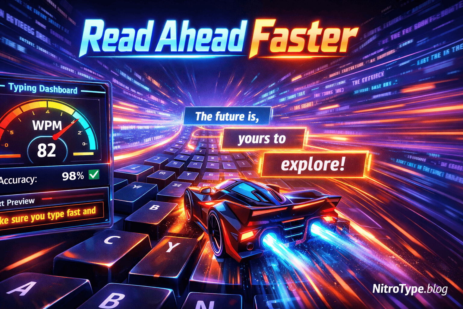 Nitro Type Text Reading Strategy showing racer reading ahead and typing faster in a futuristic keyboard racetrack